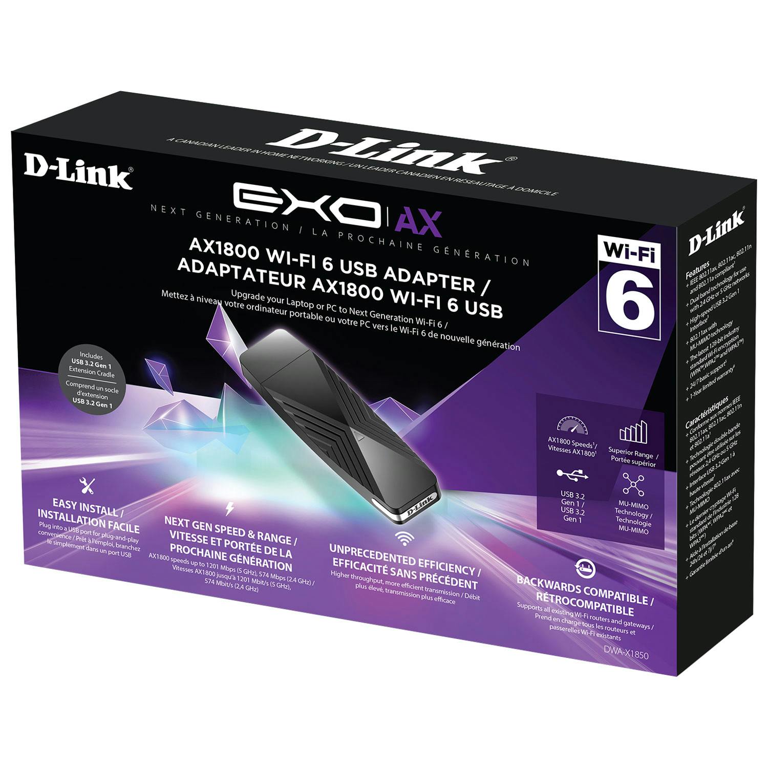 Netværksadapter: Med D-Link AX1800 Wi-Fi 6 USB Adapter får du adgang til Wi-Fi 6 og en hastighed på 1.800 megabits i sekundet. Adapteren tilsluttes let USB-porten på din pc.